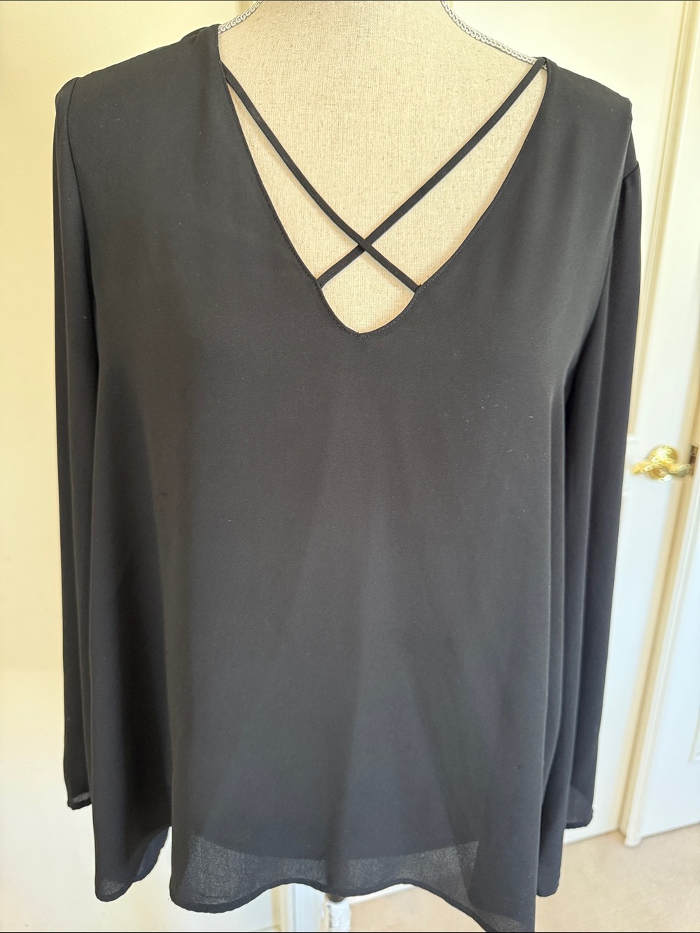 Lush Black Long-Sleeve V-Neck Blouse with Crisscross Straps